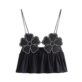 Fongt Women's New Black Bright Flowers Decorated Cotton Blouse Small Sling Vest Short