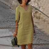 Cotton Linen Small V-neck Stitching Retro Basic Model Solid Color Three-quarter Sleeve