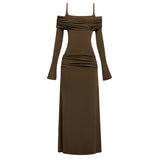 Temperament Dress Women 2025 Spring New Fashion Simple Style Solid Color Square Body Of High-End Feeling Long-Sleeved