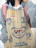 Sky Blue Cotton Zipper Hoodie Jackets Kitten Cats Cute Y2K Print Sweatshirt Coat Loose Oversized Korean Kawaii