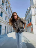 Fashion Casual Leopard Print Hollowed-Out Lace-Up Bubble Sleeve Shirt Women's Top-Outfit