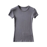 Summer New Women's Elastic Thread Solid Color T-Shirt Basic Short-Sleeved Large Round Neck Long Blouse-Outfit