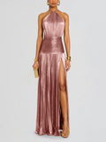 Fongt Women's Metallic Metallic Folding Fork With Hanging Neck Dress Sleeveless Back 8155