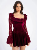 Red Velvet Long Sleeve Flare Mini Dress-Outfit