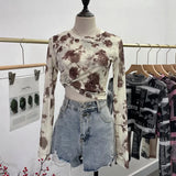 Real Shooting Front Double-Layer Tie-Dye Printing Mesh Long-Sleeved Top Short High-Waisted T-Shirt T-Shirt