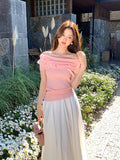 Fongt Xixi 2025 Summer New Korean Version Of The Flower Temperament Word-Collar Ice Silk Knitted Women's Top 25237