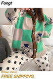 Korean Style Bear Print Sweater Women Kawaii Plaid Loose Knitted Jumper Japanese Fashion Polo Collar Tracksuit