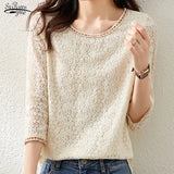 New High-end Crocheted Hollow Blouse Blue O-neck Three-quarter Sleeve Fairy Lace Blouse Elegant Apricot Print Shirt