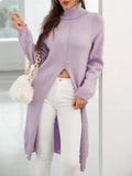 Fongt Women's Long Knitted Shirt Spring And Autumn Fashion High-Neck Long Sleeves Under The Fork Solid Color Sweater