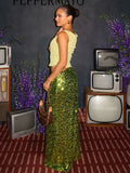Green Sequin Straight Maxi Skirt-Outfit