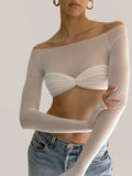 Through Mesh Crop Top Women Pullovers Strapless Short Knit Cropped Tops Ladies Tee Shirt Sexy Off-shoulder T-shirt-Outfit