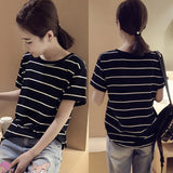 Fongt New Summer 2024 Korean Version Loose Large-Size Striped Short-Sleeved T-Shirt Women's Top Bottom Shirt Women's