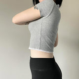 Y2k Vintage Crop Top Lace Patchwork Square Collar Short Sleeve Skinny T-shirt Women Casual Summer Tees 2000s Basic Shirt-Outfit