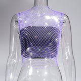 Fongt Nightclub Dresses Fishnet Hollow Out Rhinestone Vest Mesh Flash Diamond Sling Top