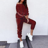 Women O-Neck Velvet Tracksuit Set Loose Long Sleeve Patchwork Pullover Top & Trousers Suit Casual Elastic Waist Pants
