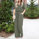 Elegant Rompers Women Jumpsuits Summer Wide Leg Overalls Drawstring Elastic Waist Short Sleeve Solid Dungarees