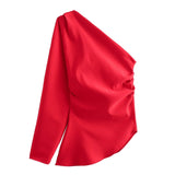 New Pleated Asymmetrically Trimmed Blouse 5039432250-Outfit