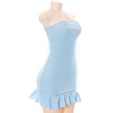 Women Soft Tender Slight Blue Strapless Wrap Hipster Mini Pleated Dress Pullover Sexy Charm Outfits Girls Dating Wear-Outfit