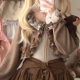 Cute Lolita Style Short Cardigan Women Gothic Y2k Bow Ruffles Lace-ups Knitted Coat Korean Fashion Casual Loose Crop Tops-Outfit