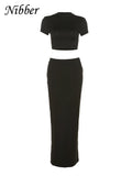 Basic Solid Casual Two Piece Set Women Hipster Short Sleeve O-neck T-shirts + Matching Hip Skirt Female Bare Midriff Suit-Outfit