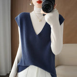 Fongt Blend 2024 Autumn Winter New Ladies Loose V-Neck Short Solid Color Set Knit Vest Vest Vest-Outfit