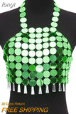 Sexy Shiny Sequin Beach Tank Tops Women Fashion Sequined Tassel Halter Backless Crop Top Festival Hollow Out