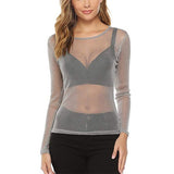 Fongt Women's High Bullet Silver Mesh Hollow-Out Long Sleeve Top Sexy Mesh Perspective Smock
