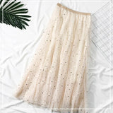 Elegant Korean Women Tulle Skirt Fashion Sequin Star Summer Mesh Ladies Long Skirt Elastic High Waist Party White