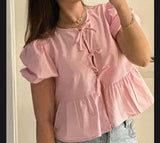 Fashion Casual Leopard Print Hollowed-Out Lace-Up Bubble Sleeve Shirt Women's Top-Outfit