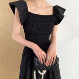 Sweet Slim High Waist Smocked Women Midi Dress Big Hem Square Neck Lady