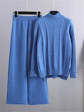 Knitted Sets Tracksuit Women Two Piece Set Split Half Turtleneck Sweater and Wide Leg Pants 2 Piece Sets Womens Outfits-Outfit