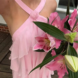 Pink Pleated Halter Maxi Dress-Outfit