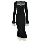 Solid Long Flared Two-piece Crop Sleeve Midi Dress-Outfit