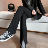 Fongt High Waist Slit Micro Bell Bottom Pants Children Autumn Thin Casual Pendant Feeling Floor Pants Straight Suit Pants-Outfit