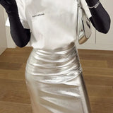 Fongt Women's Spring 2023 New Temperament Fashion High Waist Open Slit Show Thin Hip Skirt PU Leather Long Skirt-Outfit