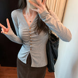 V-Collar Pleated Shoulder Long-Sleeved T-Shirt A New Spring Style Slim Design With A Bottomed