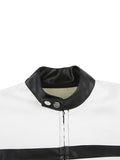 Women Gothic PU Leather Jacket Contrast Color Stand Collar Long Sleeve Zip-up Crop Top Bomber Coat Cool Racing