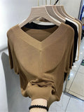 Ice Silk Knitted Tops Women Casual Loose V-neck Thin Knitwear T-shirts New Big Size 4xl Korean Short Sleeve Pullover