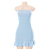Women Soft Tender Slight Blue Strapless Wrap Hipster Mini Pleated Dress Pullover Sexy Charm Outfits Girls Dating Wear-Outfit