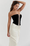 Black Lace Up Tube Top And White Satin Midi Skirt Set-Outfit