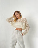 Fongt Spring And Summer New Knitted Shirt Horn Sleeve Loose Round Collar Hollow Sweater Woman