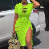 Fongt Sexy Round Collar Short Sleeve Slit Pleated