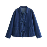 Fongt Women's Spring New Collar Bows Decorated With Long-Sleeved Pocket Wash Denim Shirt Pocket Design