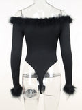 Feather Top Long Sleeve T Shirt Women Off Shoulder Body Spring Fall Outfits Bodycon Solid Streetwear Black