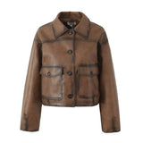 Fongt Women's Clothing Explosion Retro Oil Wax Locomotive Wind Queen Brown Leather Short Jacket Outside