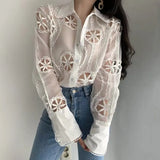 Lace White Blouse Women Hollow Out Flower Embroidery Shirt Sexy See Through Turn Down Collar Long Sleeve Top Blusa