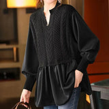 Knitted Patchwork Blouse Spring Autumn Korean Loose Women's Clothing Basic Fake Two Pieces Casual Half Open Collar Shirt-Outfit