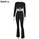 Puss Two Piece Set Women Solid Skinny Stretchy Crop Top+Slit Hollow High Waist Pants Matching Chic Streetwear Slim