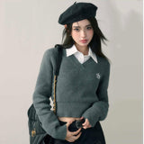 Harajuku Basic Black Cropped Sweater Women Vintage Korean Style Slim Gray Long Sleeve Knit Jumper Female Preppy