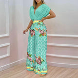 Fongt Women's Fall New Temperament V-Neck Print Wide-Leg Pants Fashion Casual Suit
